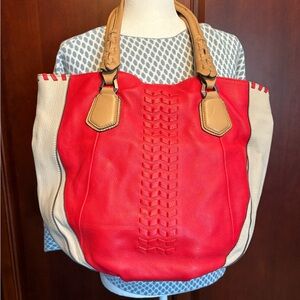 OrYANY Red and Tan Double Strap Large Leather Tote Bag Purse